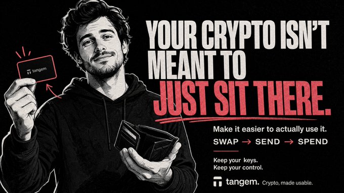 A black and white advertisement for 'tangem' featuring a man holding a crypto card, with the text 'YOUR CRYPTO ISN'T MEANT TO JUST SIT THERE. Make it easier to actually use it. SWAP → SEND → SPEND'