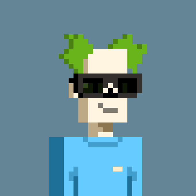 A pixel art character with green pixelated hair wearing sunglasses and a light blue shirt against a gray background.
