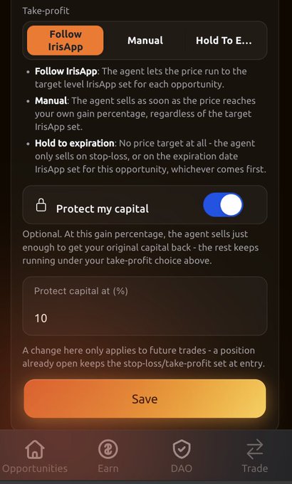 Mobile app screenshot showing Take-profit settings for IrisApp with three options (Follow IrisApp, Manual, Hold To Expiration), a 'Protect my capital' toggle enabled with 10%, and a Save button.
