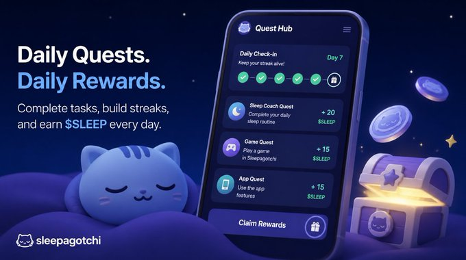 A mobile app promotional screen for "sleepagotchi" showing "Daily Quests. Daily Rewards." with a phone displaying quest tasks like Sleep Coach Quest, Game Quest, and App Quest that earn $SLEEP tokens.
