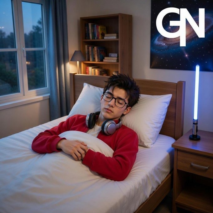 A young man with glasses sleeps in bed wearing a red sweater and headphones around his neck, next to a glowing blue lightsaber, with 'GN' displayed in the corner.