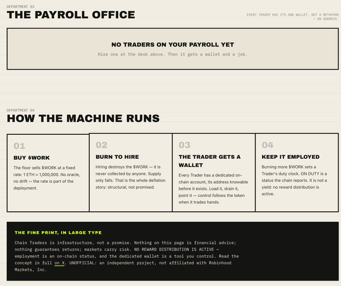 An informational webpage titled 'THE PAYROLL OFFICE' with sections explaining 'HOW THE MACHINE RUNS' for Chain Traders, including 'BUY $WORK', 'BURN TO HIRE', 'THE TRADER GETS A WALLET', and 'KEEP IT EMPLOYED'.