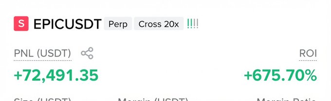 A trading interface screenshot showing "EPICUSDT Perp Cross 20x" with a profit/loss of +72,491.35 USDT and an ROI of +675.70% in green text.