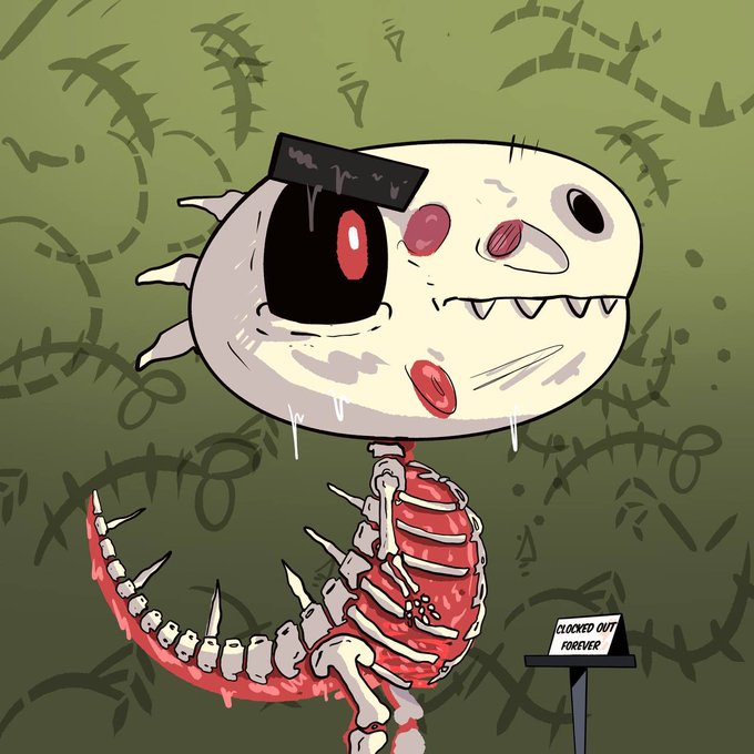 A cartoon illustration of an adorable, skeletal dinosaur with a large red eye, sharp teeth, and the phrase "CLOCKED OUT FOREVER" on a sign beside it. Combined with the caption, the image humorously plays on the "Minting" theme—suggesting the dino is the newest (and least alive) recruit "clocked into the workforce" as part of the Partners Phase launch.