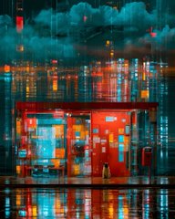 A neon-lit cityscape at night with vibrant red and blue colors reflecting off wet surfaces, depicting a futuristic street scene.