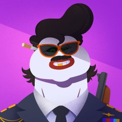 An animated character portrait of a man with dark hair, sunglasses, a beard, a lit cigarette, and a colorful military-style uniform against a purple background.
