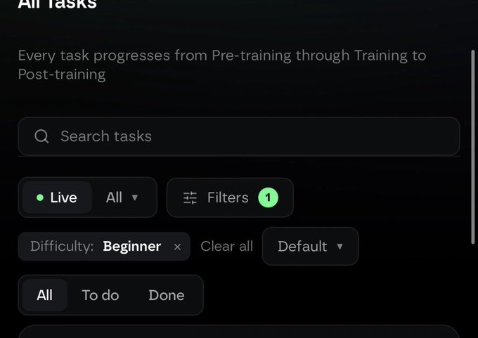 A dark-themed task interface showing 'All Tasks' with the text 'Every task progresses from Pre-training through Training to Post-training' and filters set to 'Beginner' difficulty.