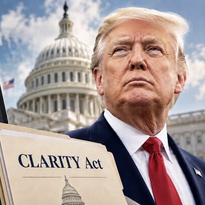 President Donald Trump stands in front of the U.S. Capitol building, holding a folder labeled "CLARITY Act," symbolizing his official acceptance of the new bipartisan Crypto Clarity Act provisions set to take effect in 2026.