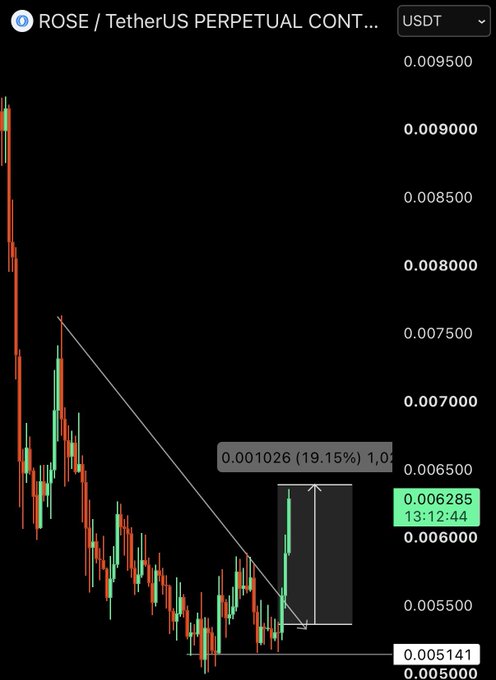 A candlestick chart of the ROSE/USDT perpetual contract shows a 19.15% gain, with the price rallying from a low of 0.005141 to a current level of 0.006285, breaking out from a descending trendline. The chart displays price action ranging between approximately 0.005000 and 0.009500.