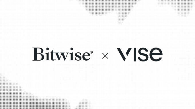 A minimalist promotional graphic displays 'Bitwise® × VISE' in black text on a white background with abstract halftone dot patterns in the corners.