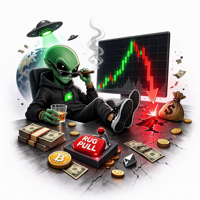 A cartoonish illustration of a green alien in sunglasses smoking a cigar, sitting with feet up near a monitor showing a crashing stock chart and a large red 'RUG PULL' button.