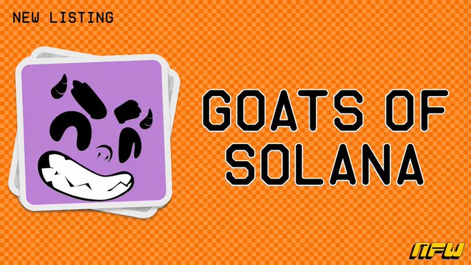 A promotional graphic featuring a purple cartoon goat face on a stacked card design, set against a dotted orange background. The image displays the text "NEW LISTING" in the top-left corner, "GOATS OF SOLANA" in large bold black letters on the right, and the "NFW" logo in the bottom-right corner.