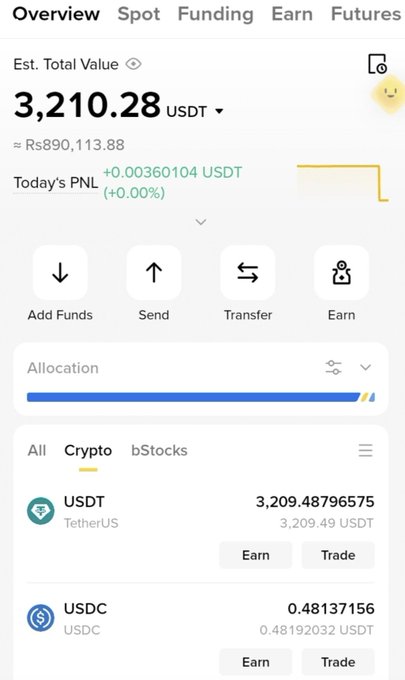 A mobile screenshot of a cryptocurrency exchange overview showing an "Est. Total Value" of "3,210.28 USDT" (≈ Rs890,113.88) with holdings in USDT and USDC.
