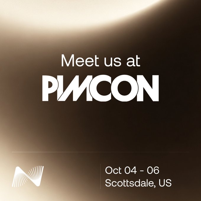A promotional graphic with a warm brown gradient background announces "Meet us at PIMCON" in large white text, with details "Oct 04 - 06, Scottsdale, US" displayed below the Nexo logo. The image serves as a visual invitation to Nexo's booth at the PIMCON 2026 conference in Scottsdale, aligning with the post's announcement about showcasing Nexo Private for digital wealth management.