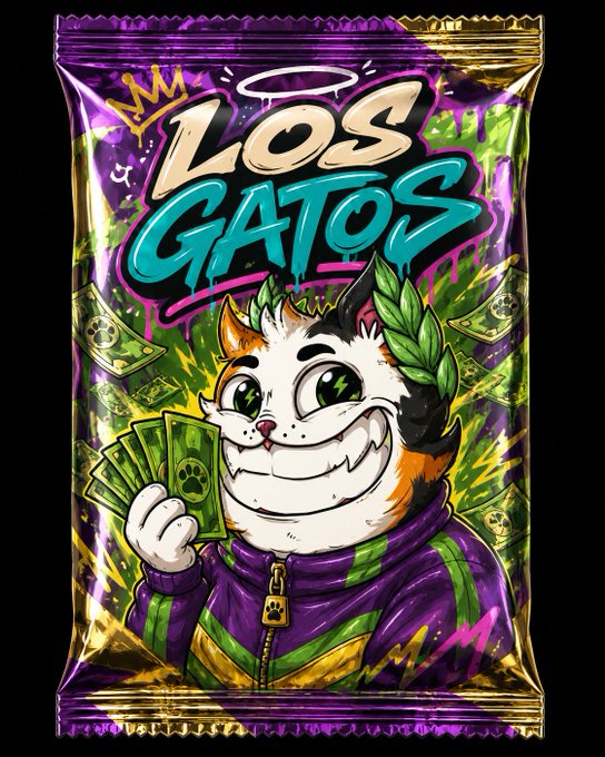 A colorful graffiti-style snack bag graphic features 'LOS GATOS' branding with a cartoon cat character wearing a purple jacket and gold crown, holding cash.