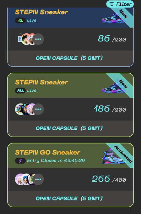 In this image, there are three price tags displayed side by side showing the prices of Stepn Go sneakers from a different seller. The image also contains a small caption that reads "Stepn Go sneaker entry closes in..." This implies that people can buy these sneakers for a lower cost if they buy them during an ongoing sale or limited time offer at Stepn Go.