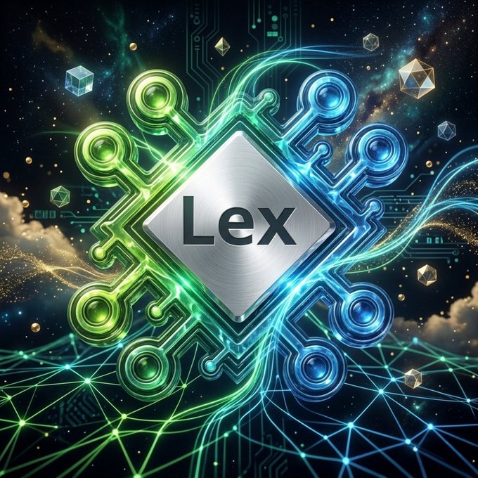 The image features a square-shaped logo with the word "LEX" written across it, surrounded by green and blue lines that create an abstract pattern. The background of the image is black, which contrasts with the vibrant colors of the logo. In the corner of the image, there are small cubes scattered around, adding to the overall visual appeal. The post includes a link to "LEXORCOIN #LEX #Lexor coin #Web3 #Blockchain #solana".