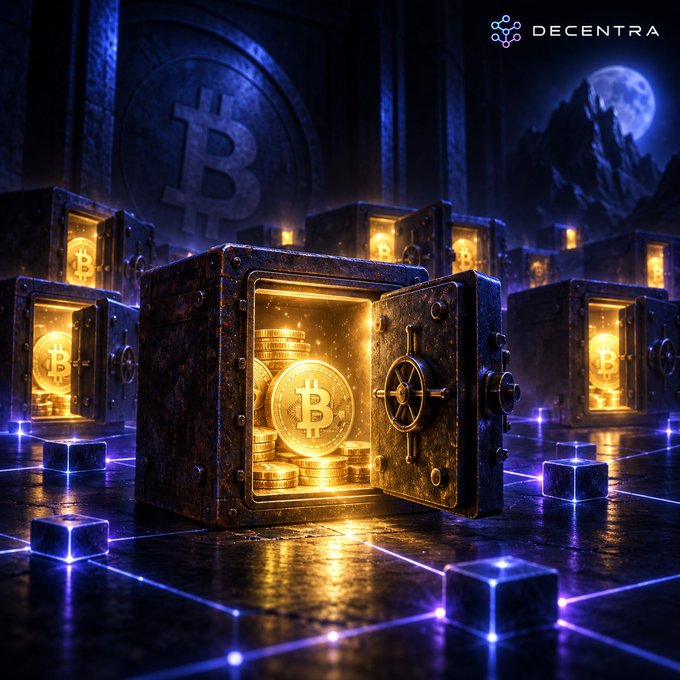 A 3D-rendered image of a rusty open safe overflowing with glowing Bitcoin coins, surrounded by more safes and illuminated blue grid cubes, branded with 'DECENTRA'.