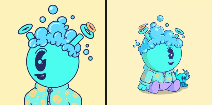 The image features a cute turquoise cartoon character with a bubbly blue hairstyle and ring-shaped accessories, shown both in a close-up portrait and full-body view (sitting next to a small crab companion). This whimsical illustration represents one of the "Quirkies" NFTs from the QuirkHub collection, which sold for 1.03 ETH.
