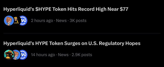 A screenshot of two news article headlines about Hyperliquid's HYPE token: 'Hyperliquid's $HYPE Token Hits Record High Near $77' posted 2 hours ago, and 'Hyperliquid's HYPE Token Surges on U.S. Regulatory Hopes' posted 14 hours ago.
