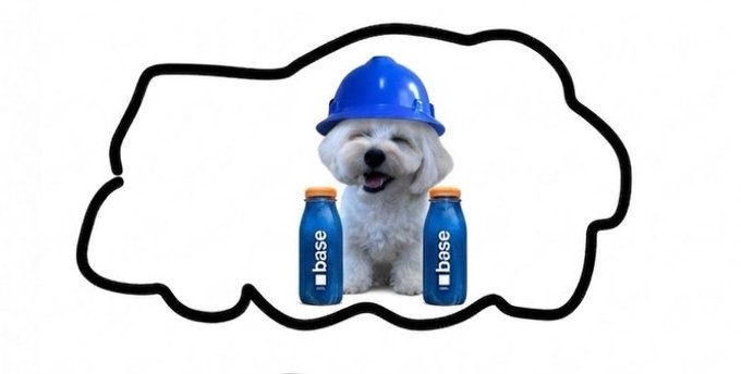 A small white dog wearing a blue hard hat sits between two blue bottles labeled 'base' against a white background outlined with a black border.