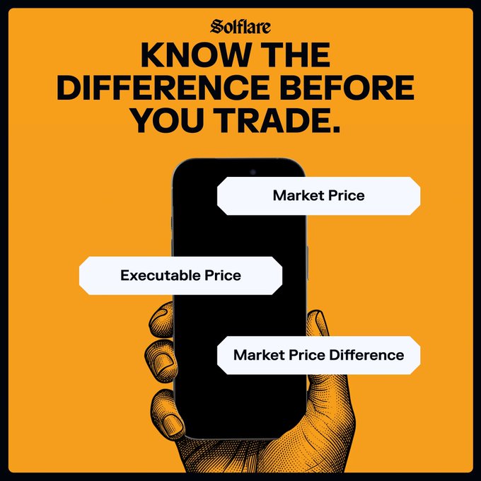 This Solflare graphic illustrates "Market Price," "Executable Price," and "Market Price Difference," emphasizing informed trading decisions. The accompanying post explains that xStocks now displays this market price difference to show the executable rate difference from the underlying market price.