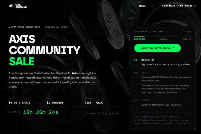 A webpage for the 'AXIS COMMUNITY SALE' by Axis Robotics, advertising a token sale at $0.10 with a $1,000,000 funding goal, closing in 18h 26m 24s, with steps to register, verify, and commit.