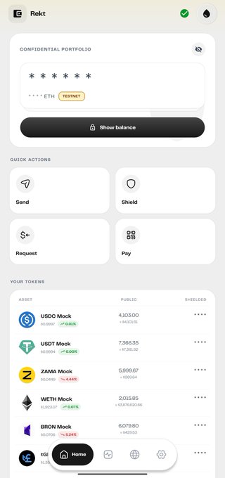 A mobile cryptocurrency wallet interface named 'Rekt' displaying a 'CONFIDENTIAL PORTFOLIO' with an ETH wallet on the TESTNET, showing quick actions like Send, Receive, Shield, Request, and Pay, and a list of mock tokens including USDC, USDT, ZAMA, WETH, and BRON.