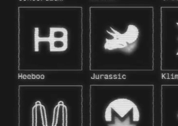 A grid of stylized ticker symbols is displayed on a dark background, including "H8" (Heeboo), a dinosaur silhouette (Jurassic), and "M" (Meme), representing crypto tokens on the Solana blockchain as referenced in the post about dinosaur and entertainment-themed projects.