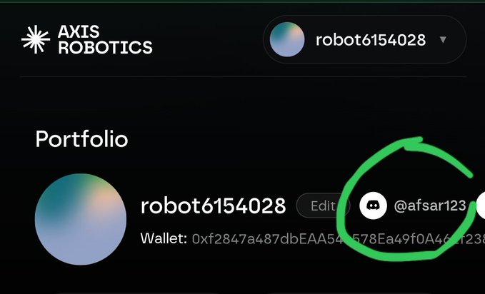 A portfolio dashboard for 'AXIS ROBOTICS' showing the user 'robot6154028' and a circled Discord handle '@afsar123' next to a wallet address.