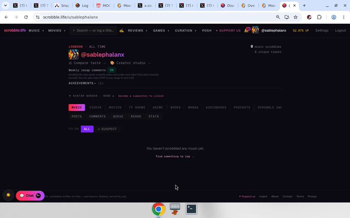 A screenshot of the Scrobble website showing a user profile for 'sablephalanx' with no music scrobbles recorded yet, displayed in dark mode.