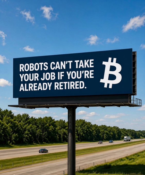 A large highway billboard with a Bitcoin logo displays the message "ROBOTS CAN'T TAKE YOUR JOB IF YOU'RE ALREADY RETIRED," promoting the post's theme of studying Bitcoin as a path to early retirement. The billboard stands prominently against a clear blue sky, suggesting that cryptocurrency investment offers financial freedom that can't be displaced by automation.