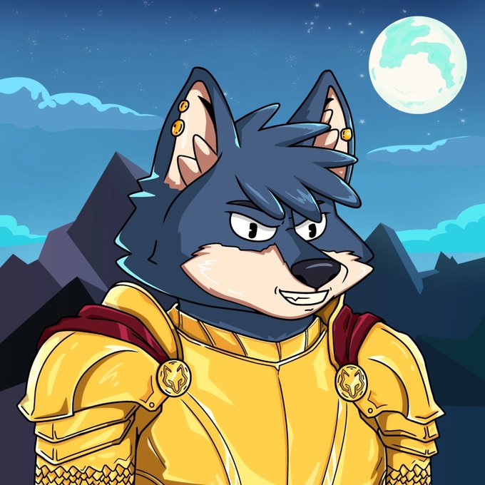 ursa, a wolf-like creature with blue fur and yellow armor, stands against a dark sky backdrop of clouds and mountains.