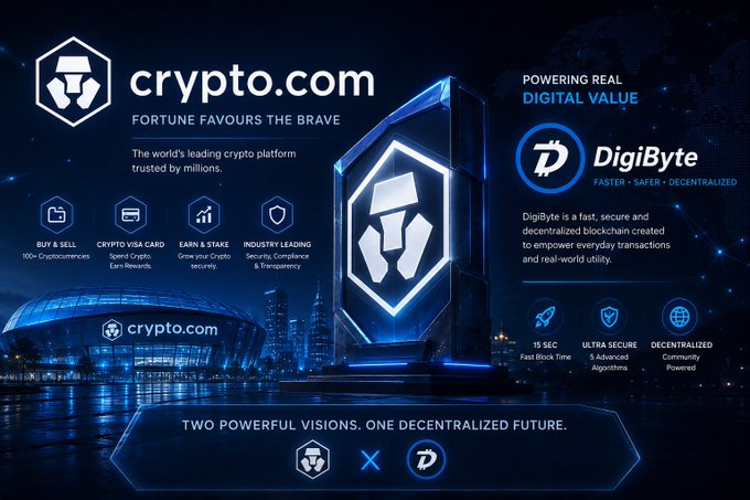 A partnership announcement graphic between crypto.com ('Fortune Favours the Brave') and DigiByte, with the tagline 'Two Powerful Visions. One Decentralized Future.'