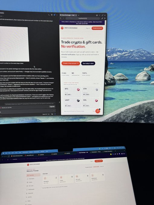 Laptop displaying the ONYX EXCHANGE website advertising 'Trade crypto & gift cards. No verification.' with live rates for BTC, ETH, USDT, and SOL, shown alongside a scenic lake wallpaper.