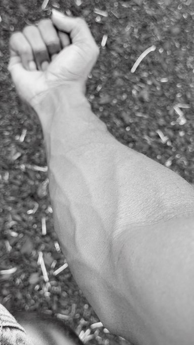 A black and white close-up photo of a flexed human arm and clenched fist raised against a textured ground surface.