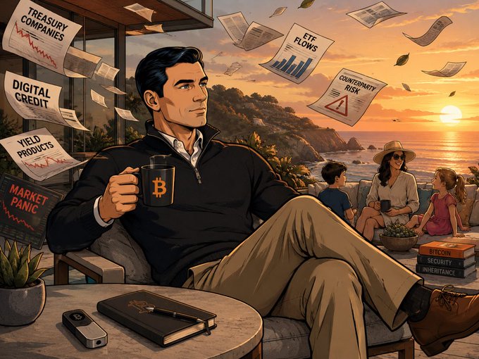 The image features a man sitting at an outdoor table with a cup of coffee, surrounded by various papers and books. The scene suggests that he might be contemplating investing or researching about Bitcoin, as there are several documents related to cryptocurrency scattered around him. The presence of multiple people in the background further supports this notion.