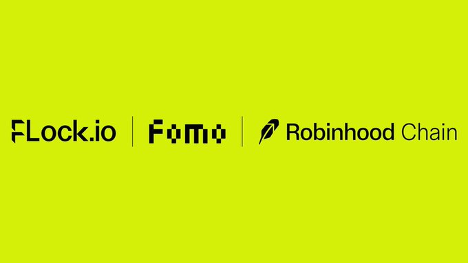 The image features a bright yellow background displaying three logos in black text: "Flock.io" on the left, "FOMO" in the middle (stylized in a pixelated, blocky font), and "Robinhood Chain" with its feather icon on the right, all separated by thin vertical lines. This visually represents the post's mention of Flock.io's strategic partnerships and expansion across on-chain distribution, AI Model assetization, and real-world applications, with Robinhood Chain being highlighted as one of their key collaborators in these efforts.