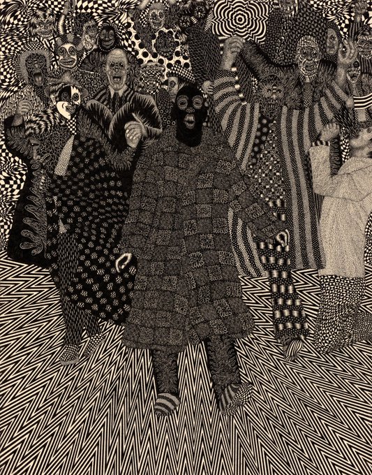 A monochromatic, densely patterned artwork depicts a hooded figure wearing a textured robe and mask, standing before a crowd of similarly masked characters, all rendered in intricate black-and-white designs that blend seamlessly into the geometric background. The piece, shared by @RuptureNFT, exemplifies the artist's bold, immersive style celebrated within the Bitcoin NFT art community.