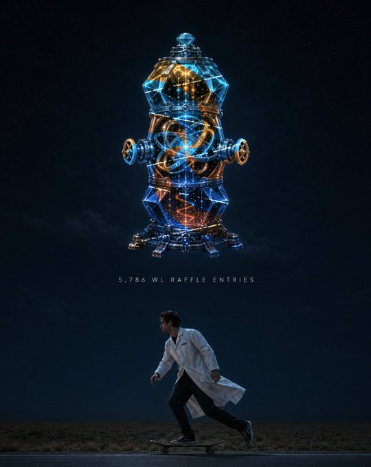 A man in a lab coat skateboards beneath a glowing, holographic fire hydrant displaying "5,786 WL RAFFLE ENTRIES," visually reinforcing the post's announcement of over 5,700 whitelist raffle entries for the gLABs project. The whimsical "mad scientist" imagery aligns with the lab-themed branding as the project teases an upcoming mint date.