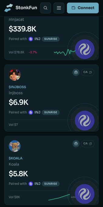 A mobile app screenshot of 'StonkFun' showing meme token listings including ninjacat at $339.8K, $INJBOSS at $6.9K, and $KOALA at $5.8K, all paired with INJ.
