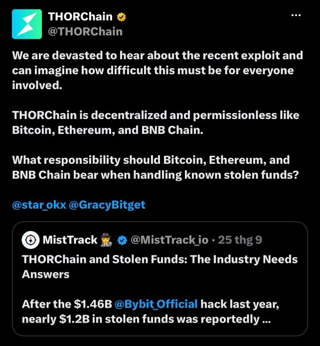 A tweet from @THORChain responding to criticism about handling stolen funds (referenced in a quoted @MistTrack_io post about a $1.46B @Bybit_Official hack and $1.2B in stolen funds), arguing that like Bitcoin, Ethereum, and BNB Chain, THORChain is permissionless and shouldn't bear responsibility for handling known stolen funds. The tweet tags @star_okx and @GracyBitget while posing the rhetorical question of where liability should fall.