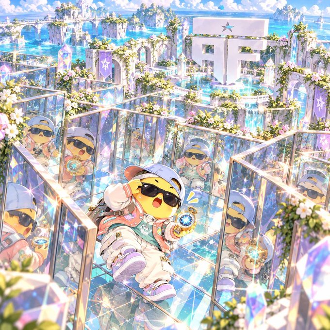 A vibrant anime-style illustration featuring multiple identical chibi characters wearing caps, sunglasses, and holding a compass, navigating through a mirrored maze with a fantasy castle in the background.