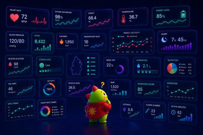 A futuristic health dashboard displaying various metrics including heart rate (72 BPM), oxygen saturation (98%), weight (68.4kg), temperature (36.7°C), blood pressure, calories, sleep (7h 45m), stress, hydration, BMR (1,520), and more, with a cute 3D mascot character in the center.
