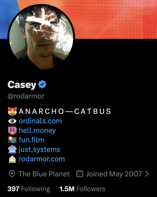 The image shows a Twitter/X profile for Casey (@rodarmor), featuring a profile picture of a man with a lightning effect over his face, a verified badge, location "The Blue Planet," and a join date of May 2007. The profile displays 1.5M followers and 397 following, linking to ordinals.com, hell.money, fun.film, just.systems, and rodarmor.com, confirming the milestone mentioned in the post.