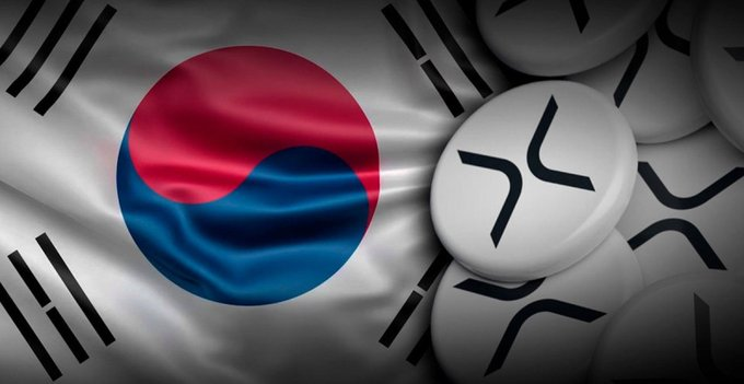 The South Korean flag is shown next to a stack of coins marked with the cryptocurrency's logo, visually supporting the post's assertion that XRP has officially replaced SWIFT in Korea.