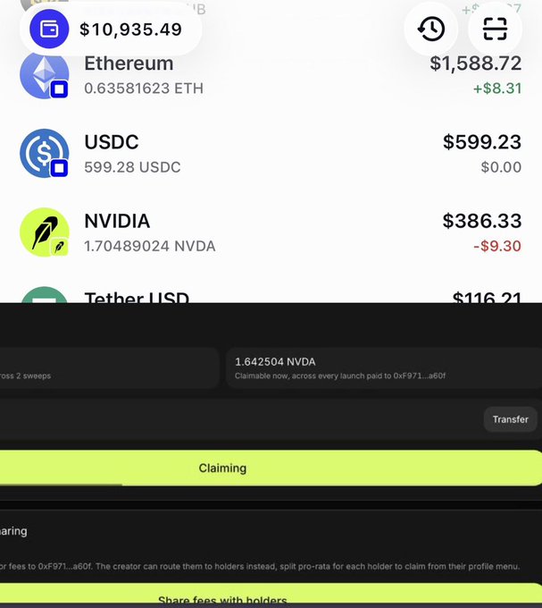 A mobile screenshot shows a crypto portfolio displaying $386.33 worth of NVIDIA (1.70489024 NVDA) alongside Ethereum holdings worth $10,935.49, with a "Claiming" interface for 1.642504 NVDA fees at the bottom. The image visually supports the post's claim of earning nearly $400 in NVDA through a token launchpad process, showing the resulting balance and active fee claim transaction.