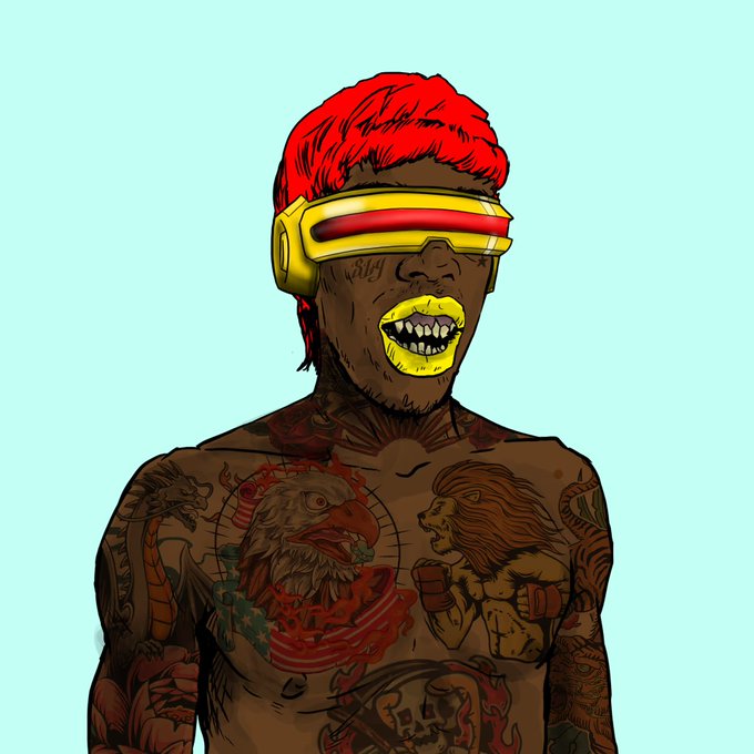 An illustrated portrait of a figure with red hair wearing futuristic yellow and red visor goggles, featuring yellow-tinted lips and extensive tattoos including an eagle and a lion.