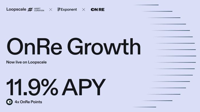 A promotional banner for 'OnRe Growth' on Loopscale in partnership with Exponent, offering '11.9% APY' and '4x OnRe Points'.