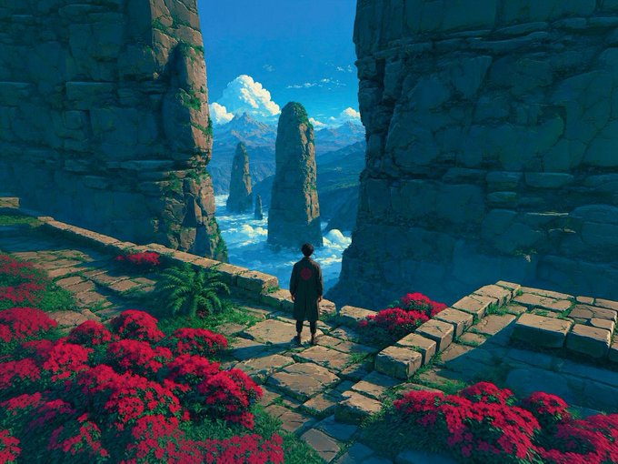 An animated scene shows a lone figure in dark clothing standing on a stone path surrounded by vibrant red flowers, gazing out through a gap in towering stone walls at misty mountain peaks rising above the clouds.